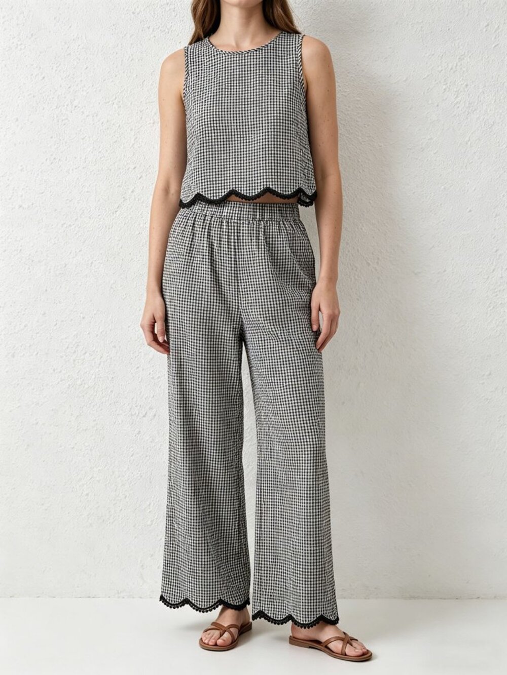 Women's Plaid Sleeveless Vest & Wide-Leg Pants Set